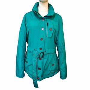 a.n.a. Coat Padded Puffy Size Large Teal Green Quilted Lining Hidden Hood Belted